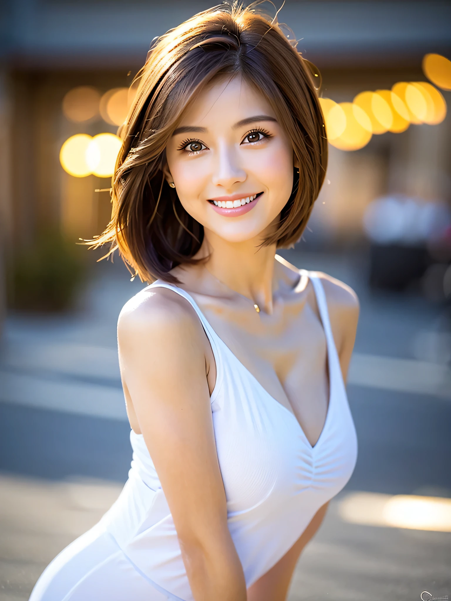 8k,Brown short hair,Very slim body、Japanese actress,Super Beauty(Like the real thing),Wine Party、wine glass、Wine bottle、sparkling wine、White wine、red wine、full-course dinner,Neat and clean dresses,Cocktail Dresses、Big smile,Amazing view of the sunset sky and clouds、,Perfect Anatomy,charm,Volume measurement,Body balance,Digital single-lens reflex camera, Soft lighting, Detailed Background, Written boundary depth, Volumetric lighting, Sharp focus, Absurd, Realistic proportions, Excellent anatomy, (Realistic, 超Realistic:1.4), 16k hdr, dawn,High resolution,super Realistic 肌,super beautiful expression,Fantasy art,Character Art,Wind effects:1.9、Cloud Effect:1.2、Full Rendering、プロ品質のHigh resolution、Perfect contrast、Perfect lighting、Perfect composition、Perfect Skin、Perfect Fingers、Perfect breasts、Perfect Hair、Perfect Face、Realistic facial features,Highest quality,Slim figure,Perfect body line,Perfect hand shape,Anatomical Body Balance,Highly detailed face,Highly detailed eyes,Beautiful Lips,Excellent light particles,Cinema Lighting,compensate,超High resolution,Ultra-Realistic Skin,Dynamic pose,blue eyes,