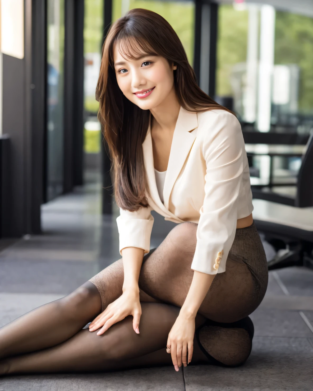whole body, highest quality, Realistic, Very detailed, finely, High resolution, 8k wallpaper, 1. Beautiful Women,, Light brown messy hair, Wearing a business suit, Sharp focus, Perfect dynamic composition, Beautiful and detailed, Thin Hair, Detailed Realistic skin texture, smile, Close-up portrait, Model Body Type,Cleavage、筋肉質で長くBeautiful feet、Beautiful legs、Super mini tight skirt、Spread your legs, Sit on a chair、Show your crotch、thin black pantyhose、I can see the toes of her high heels、Perfect Style、Perfect Legs、Long, muscular legs、Beautiful feet、Tight ankles、Wearing Louboutin high heels、smileで股間を見せつける、