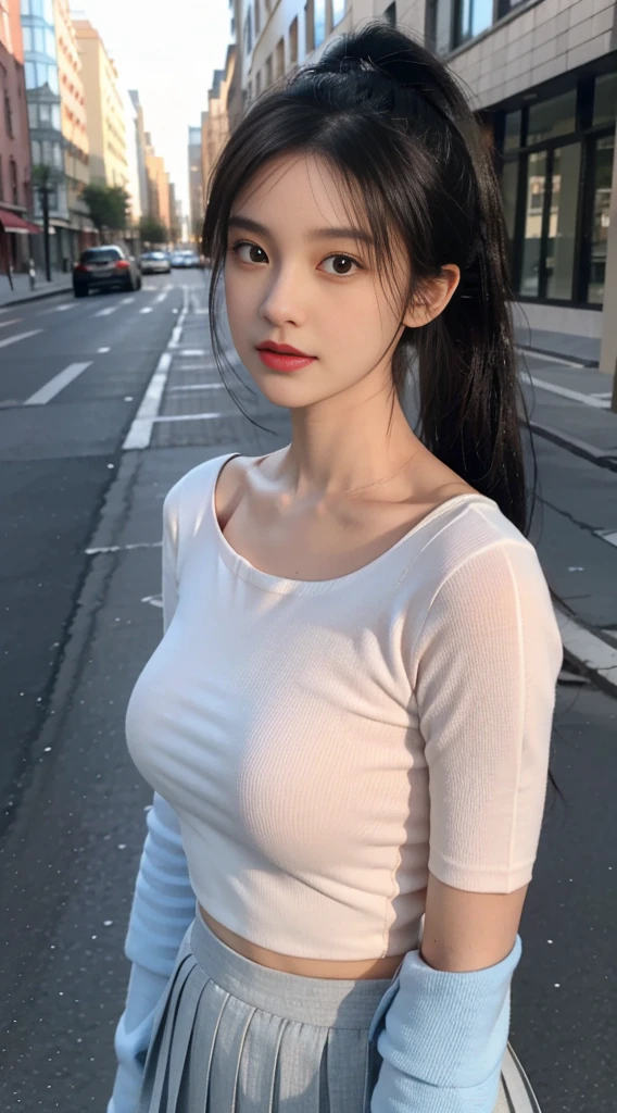 Highest quality, Ultra-high resolution, (Realistic:1.4), One girl, off-the-shoulder white shirt, Black tight skirt, Black Choker, (Faded grey hair:1), (Huge breasts:1.2), View your viewers, close ,