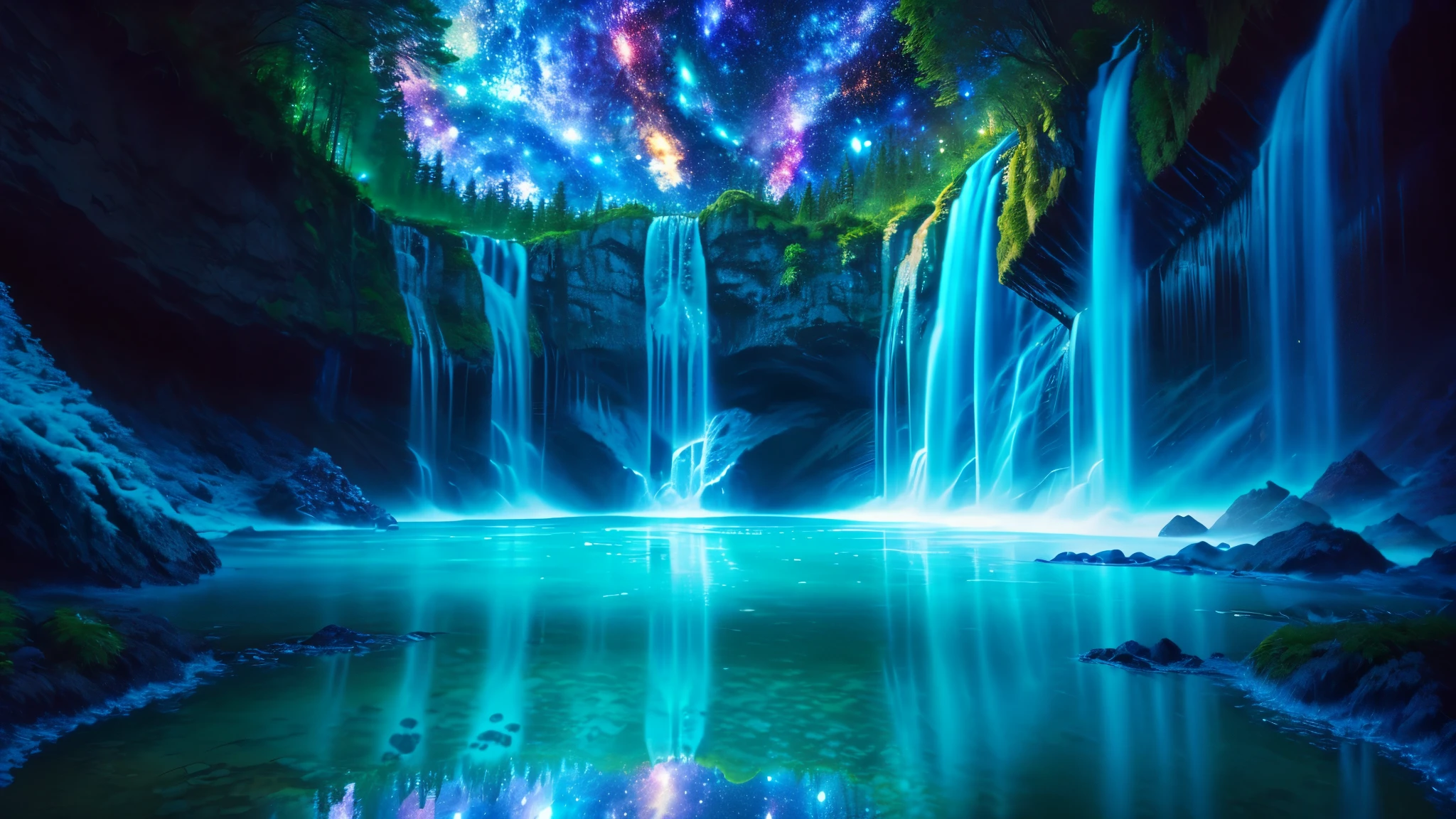 Majestic Atmosphere ,Vast Sky,( very beautiful artistic watercolor painting ), beautiful nature ,Very big and beautiful sky,\(( very elaborate and beautiful galaxy reflection:1.4)\),(many waterfalls lined up),Lots of Flow,Glowing moss ,shining rock face,fantasy,twinkling mystical light ,reflection, quality\(8k, very detailed傑作, high resolution,top- quality,super real for instructions, increase resolution , RAW photo ,beste quality, very detailed \)