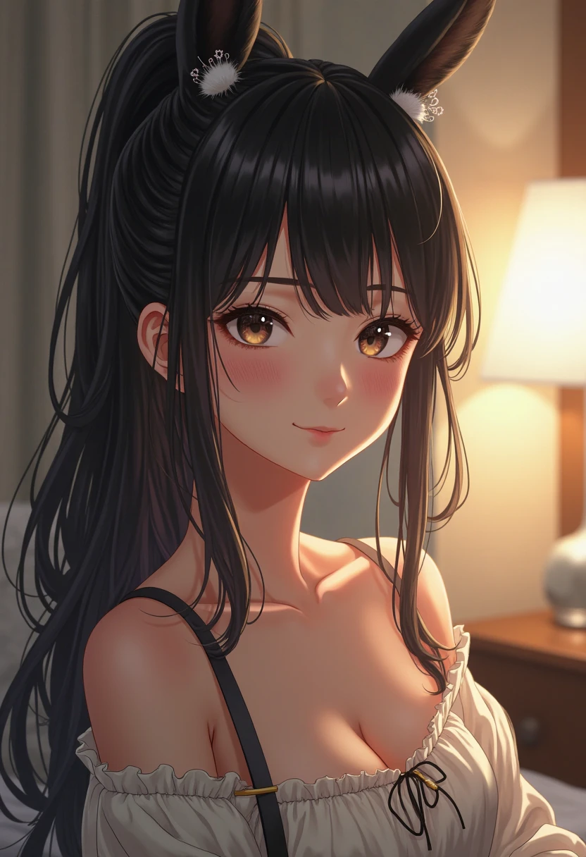 (Upper Body),alone,Medium Shot,masterpiece,Portraiture, 8k,Realistic, Elegant mature woman, Brown eyes, (Black Hair:1.4), smile,Big Breasts,Transparent camisole, Beautiful breasts,See-through nipples, 4K resolution, High quality CG, Beautiful CG, Soft Light