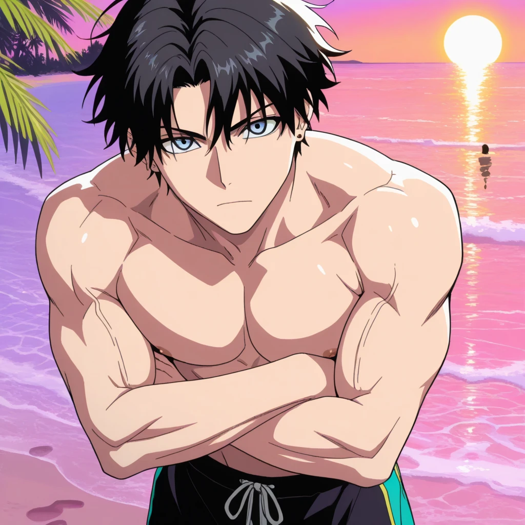 1boy, 1solo, ash ketchum, black hair, brown eyes, hair between eyes, ash ketchum, inside of a beach house, a fan on, shirtless, male swimwear, sweat skin, handsome boy, macho, good looking boy, sexy poses, undressing, taking off swimwear showing his crotch, thirsty, ectasy expression