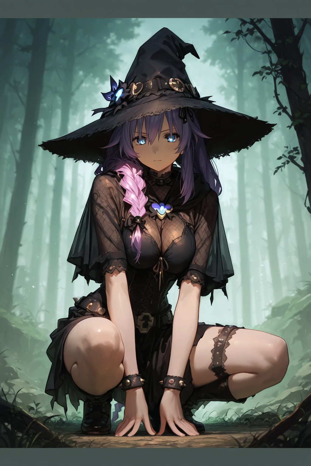 myconid monster girl glowing eyes in a dark dungeon, tendrils of fungus reaching towards the camera, mushroom head, mushroom skin, spores, ecchi