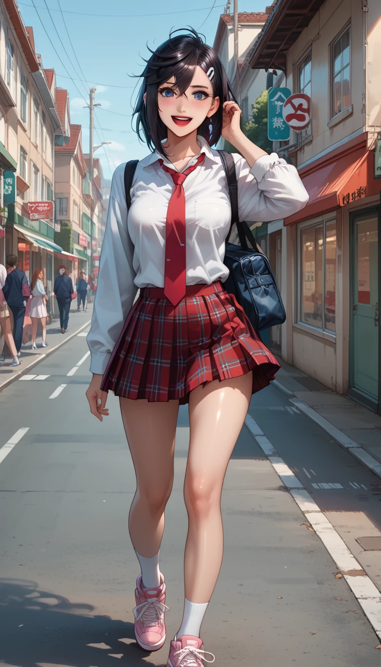 (super flat, flat shading), Honors Type, Really blushing, 17 years old, high school girl, wearing long sleeve shirt and plaid pleated mini skirt, Short bob cut brown hair, Glasses, sweaty healthy body, mesugaki smile, bare legs, loafers, ultra realistic, early morning, breeze skirt lift, (spread legs:1.0), (standing:1.2), in crowded street, 