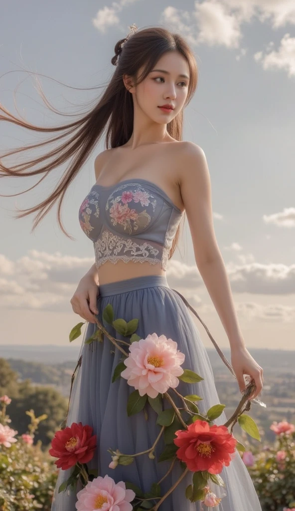 movie照片独奏,1 girl,,lace edge_skirt,Dichroism_pantyhose,big breasts,(colored hair:0.1),beautiful girl standing on flowers,Every detail on the face is perfect,The details of the characters are also exquisite..,fashion portrait,bright colors,cute background,panorama,Large Diameter,Making of bubble mart,Delicate luster,8K gradient translucent glass melt,Frosted glass,masterpiece, highest quality,, super real,lively,16k,high detail,High resolution ,movie, Bokeh, Professional, 4k, very detailed、Rear view、