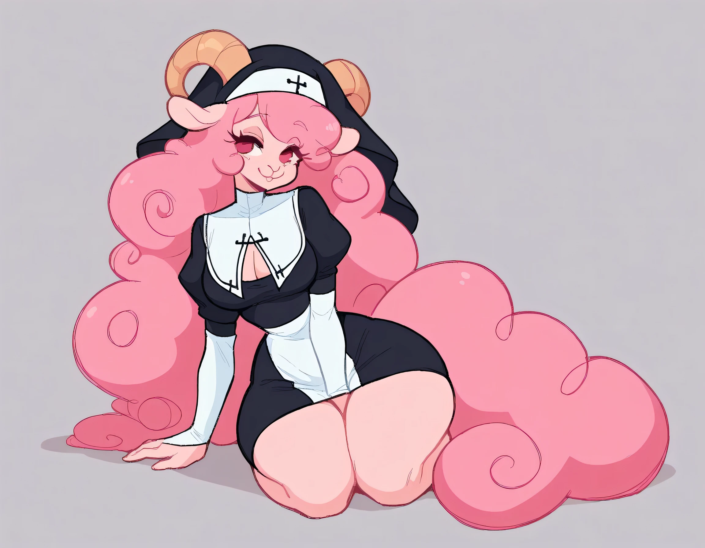 better quality, very detailed illustration , solo, ( Anthropomorphic furry sheep:1,7), ruffled voluminous bouncy hair , playful look, delgado, ideal body, thin waist , wide hips, simple drawing, Artifyber style , pastel flat colors , beautiful, cartoon ,solo, short curly pink hair, nun outfit, fluffy tail, ram horns, seductive pose
