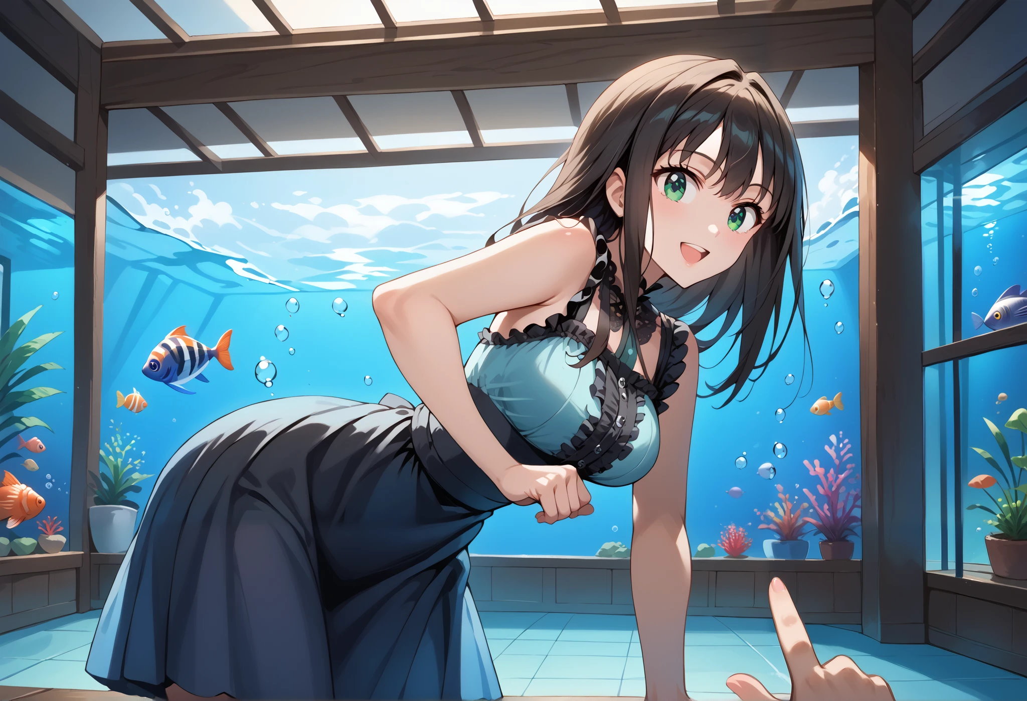 score_9, score_8_up, score_7_up, source_anime, 4K,perfect fingers,(perfect hands, perfect anatomy),prefect lighting, very aesthetic, intricate details,highly detailed background, masterpiece, high quality, best quality,
1girls,solo, rinshibuya, rin shibuya, black hair, green eyes, long hair, large breasts, mature female,
wearing ((casual dress,frills,ornate clothing, )),,
action pose,playful smile,from behind, leaning forward,pointing, surprised, aquarium,indoors,tropical fish, solo focus, day ,pov,