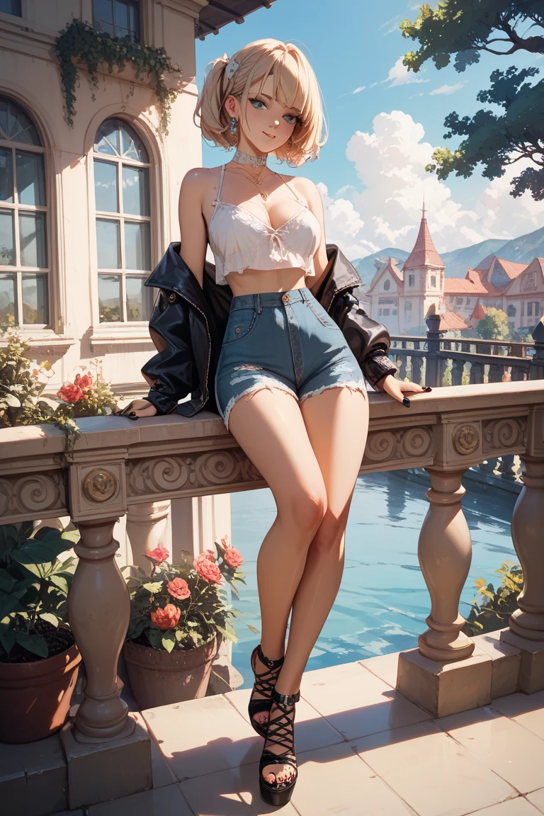 Highest quality, masterpiece, Adult women,8 heads,Blonde,No damage,Skinny Jeans,Pink off-shoulder,Heeled Sandals,In town,Naughty face, Golden Necklace、bracelet,Less exposure,Do not create a valley