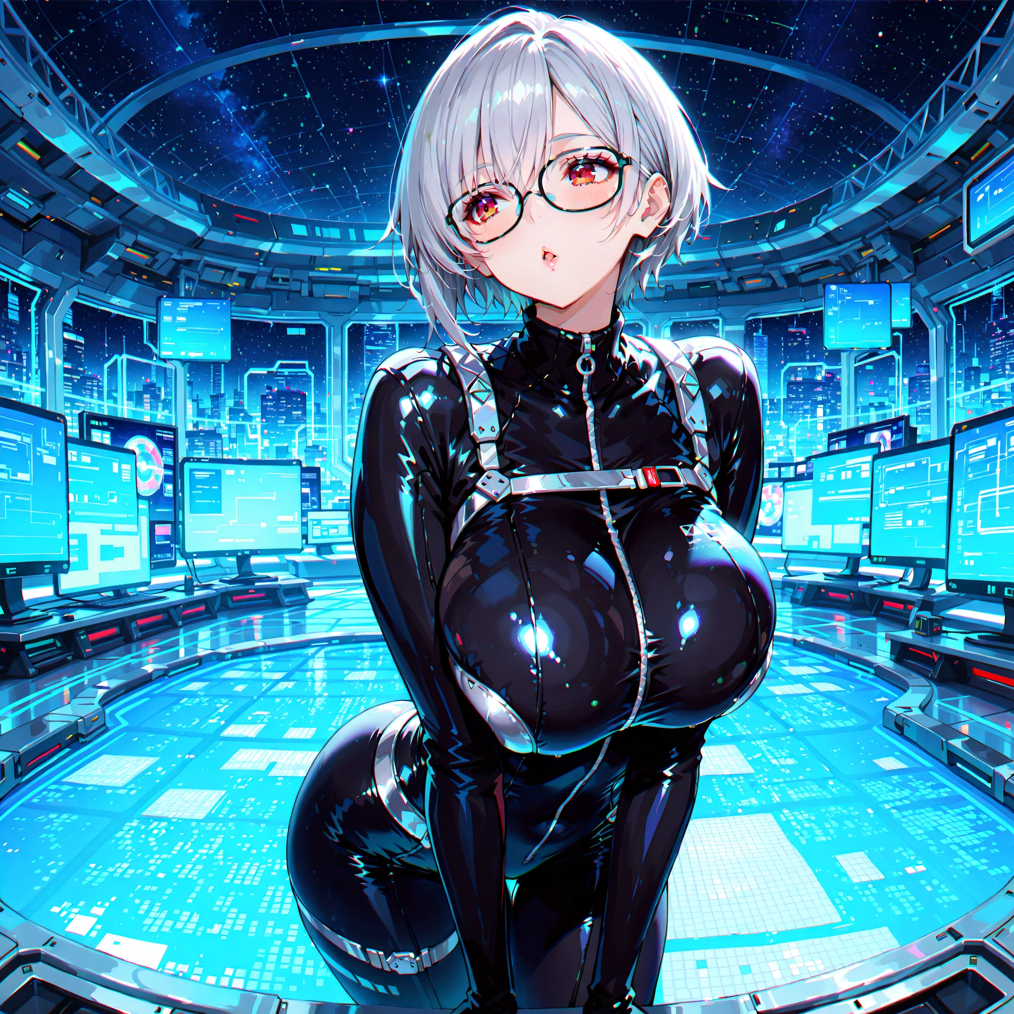 nsfw,(((masterpiece))), (((best quality))),((masterpiece:1.5)), (best high quality), (ultra high res), (ultra highly detailed), (8k:1.3),anime colored,perfect hands, perfect fingers, perfect legs,1woman,solo,idolmaster, (haruna kamijo) ,(18years old, beautiful girl), (((beautiful brown eyes:1.9))),((((beautiful black hair:1.5))), (((short bob hair))), (wet hair), (wet skin), ((Sweat)), (((blue Frame glasses:1.5))),((flat chest,midium breast), ((spread leg)),(spread pussy:1.5),(love juice:1.2),(many sweat:1.5),((pubic hair:1.5)),(bottomless:1.5),(((bule cyber suit:1.5))), (((see-through)),((,open clothes)),(wet clothes), ((blue hedset)),((nudity:1.4,topless:1.4,bottomless:1.4,expose breasts, breasts out)), indoor,(on concert stage:1.5,Spotlight:1.3),(Kamimei)),(a big smile:1.5),(look at camera),(kupaa:1.5),((cum on Face:1.9)),((cum on body:1.9)),(cum on pussy:1.9),(((female masturbation:1.9))), (((ahegao:1.9))),(feel good), (blush),(peace sign:1.9),