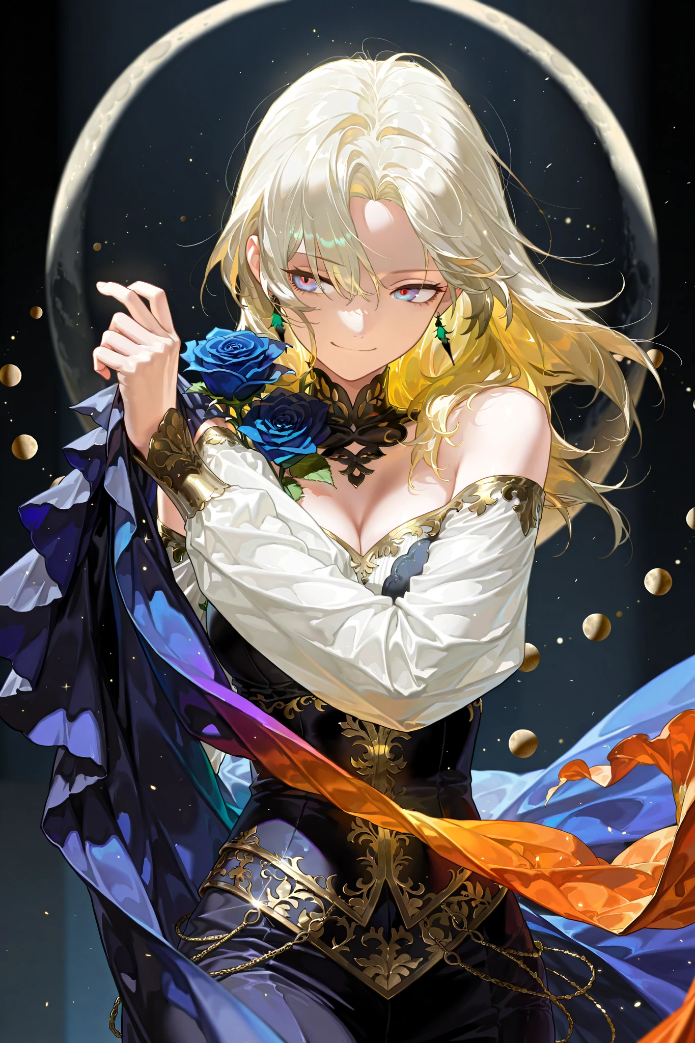 by [arknights|(748cmstyle:0.5)], mature, young adult, masterpiece, best quality, amazing quality, very aesthetic, high resolution, ultra-detailed, absurdres,
1girl, woman, solo, alone,(side eye, dynamic pose, upper body focus, three_quarter_view, cowboy shot:1.2), dramatic pose, moon phases, purple blue gradient eyes, multicolor eyes, blonde hair, white hair, accent color gold, accent color orange, fantasy attire, flowing fabric, white clothes with gold trim and green accents, soft expression, soft smirk, moon shaped rose flower, short shoulder cape, french royalty, wardressing, warclothes, warrior,
BREAK, depth of field, volumetric lighting
 