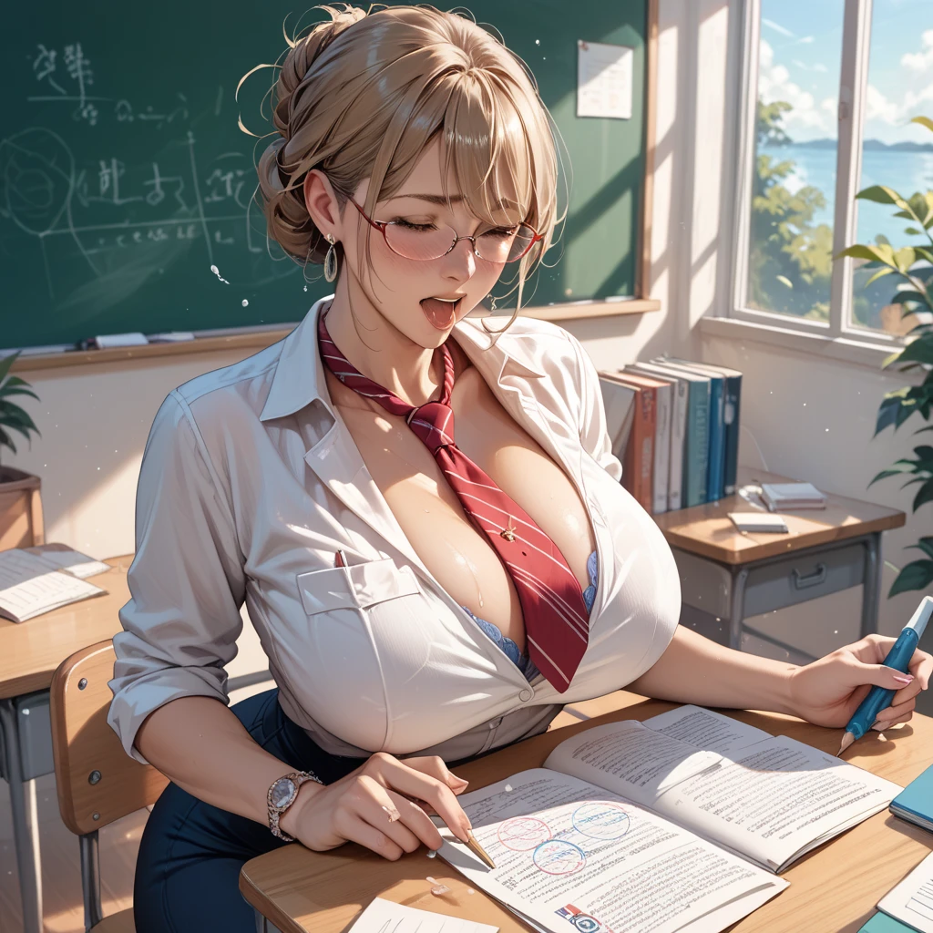 (masterpiece), best quality, (((old businessman holds nude naked young girl))) who has annoyed face and blue eye and ((large breast)) and nipple and vagina and short blond braid and red lipstick and earring and headband and wristwatch and necklace, classroom setting, fat schoolboys in background, fat schoolboys in background, fat schoolboys in background,