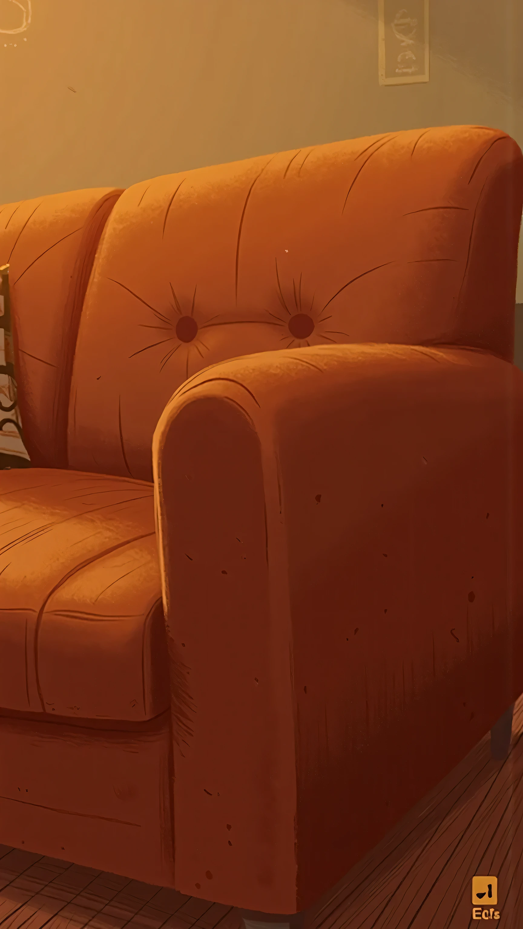 Close-up of a coffee colored sofa,close-up,Clear details,sofa backrest texture,bathed in warm lighting, illustration style ,webcartoon art style, Smooth lines ,, the shadows are soft