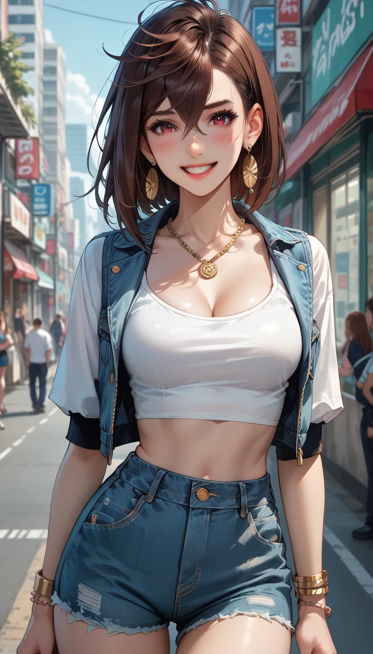 ((hair, Ultra-high resolution, Highest quality, masterpiece: 1.2), (Realistic, PhotoRealistic: 1.37), Super detailed, (Tokyo, Busy Street, sunny: 1.2), Professional Lighting, Photon Mapping, Radio City, Physically Based Rendering, masterpiece, Rich details, (Beautiful Face),(Beautiful Eyes), (Clear Face), (Detailed face description), (Detailed hand description), ( masterpiece), Realistic, Extreme light and shadow, Glowing Skin,Shiny Hair, One Girl, 18-year-old, Japan, cute, (smile,Happy:1.3),(Gradient Brown Hair, short hair, ponytail:1.2), big, thin: 1.2, double, Disheveled Hair, fine clavicle, clavicle, (Super big breasts:1.37),(Dynamic pose, Cowboy Shot: 1.6), (Knitted deep V-neck slip long dress, Micro Mini, Side bust, Bare waist, Bare Armpits, Cleavage: 1.2), Face Focus、Camel Toe、Giant tit、Nipple Puffs、Cleavage、Plump、Super big breasts、Super big butt、Bubble butt