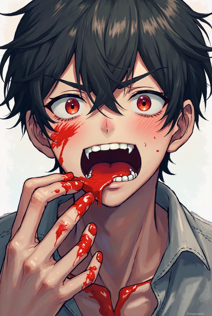 1 14 year old boy in chainsaw man style, short black hair, gray eyes, white blouse with a black tie, Grinning (dentes pontudos), showing the tongue,(bloodstains), tilted face, muito bloodstains, White background