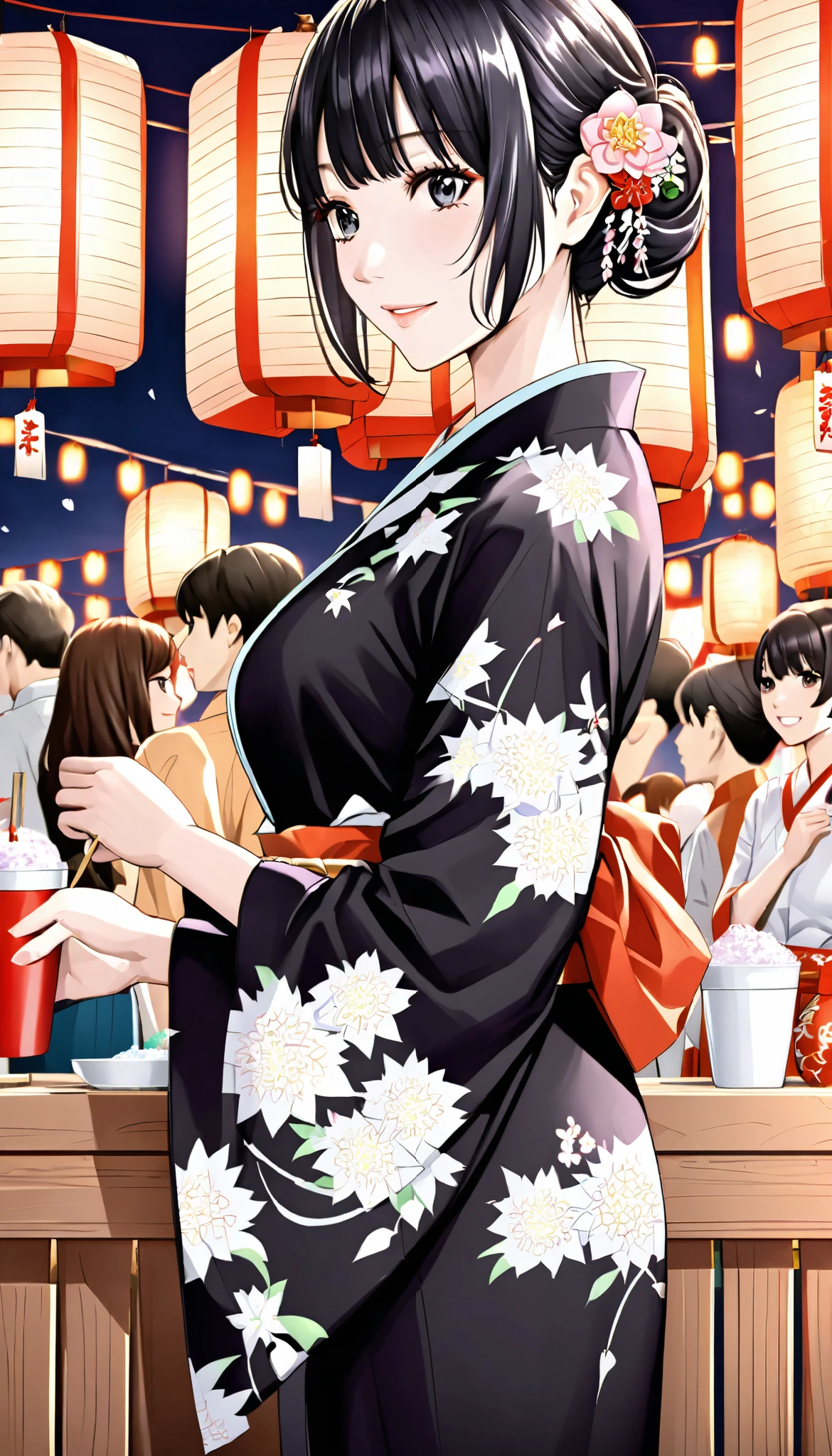 yukata, black hair,Japanese night summer festival,stall, Fireworks,Lantern,beautiful color,Realistic and Exquisite Background,Natural Hands,exquisite details,long hair on breasts,smile,A paper cup with shaved ice in the left hand,High Precision,Highest Quality,black eyes,professional,Studio Lighting,