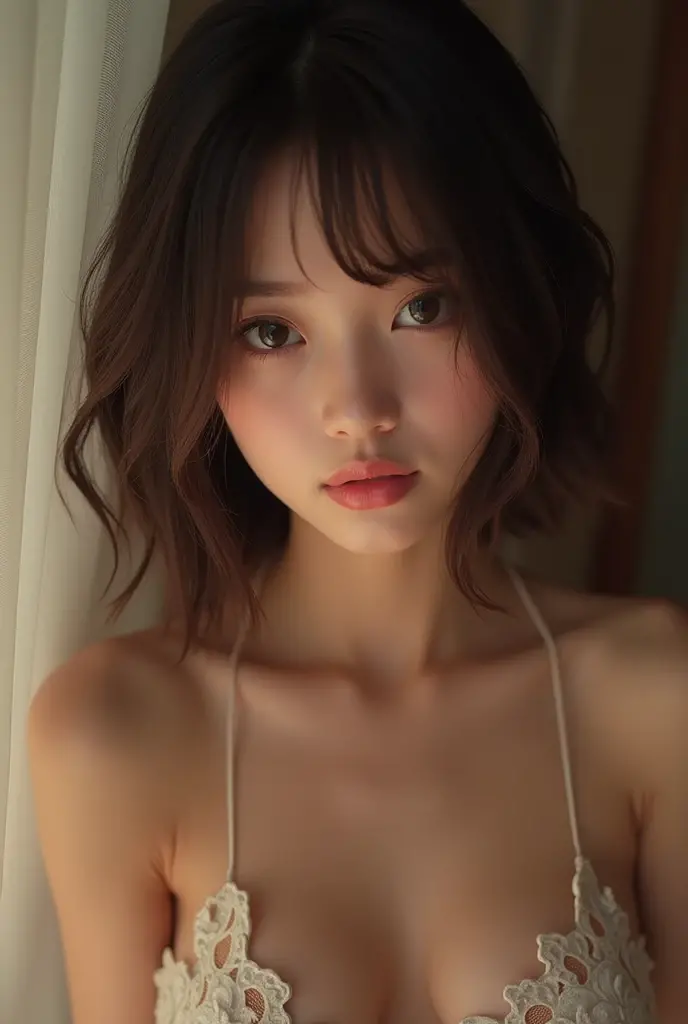 A beautiful girl with a super gifted natural body, perfect flashy body, Her hair is brown, Round face, 1,75, 69 kg, selfie taken from the front as realistically as possible, No defects, full hair with bangs over the forehead, she is wearing flashy red underwear.