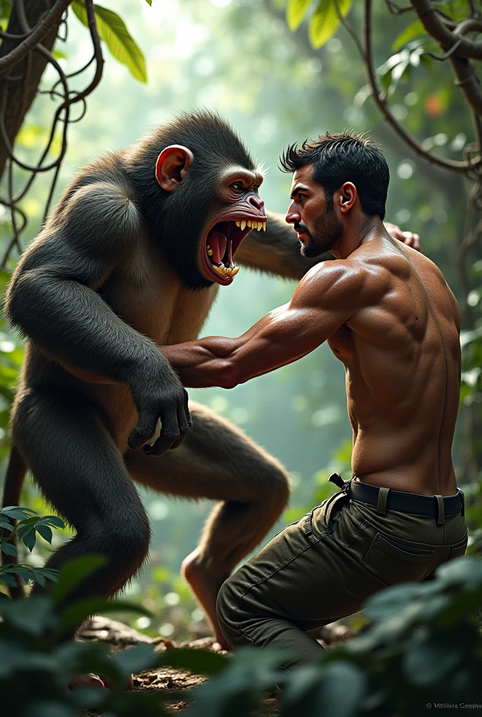 A men having monkey and human mixed face fighting with A Man