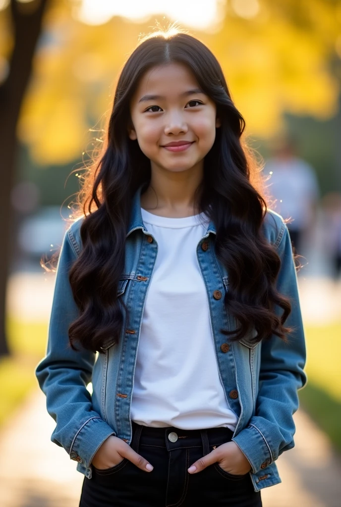 realistic photo of a 19-year-old Asian girl, beautiful face, long black hair with stylish cut, adorable appearance with a mesmerizing smile, in a body suit with pleated skirt, casual pose and playful attitude, in the middle of small town, brimming with emotion, interplay of contrast along with detailed light and shadow, depth of field, people in a blurred background,