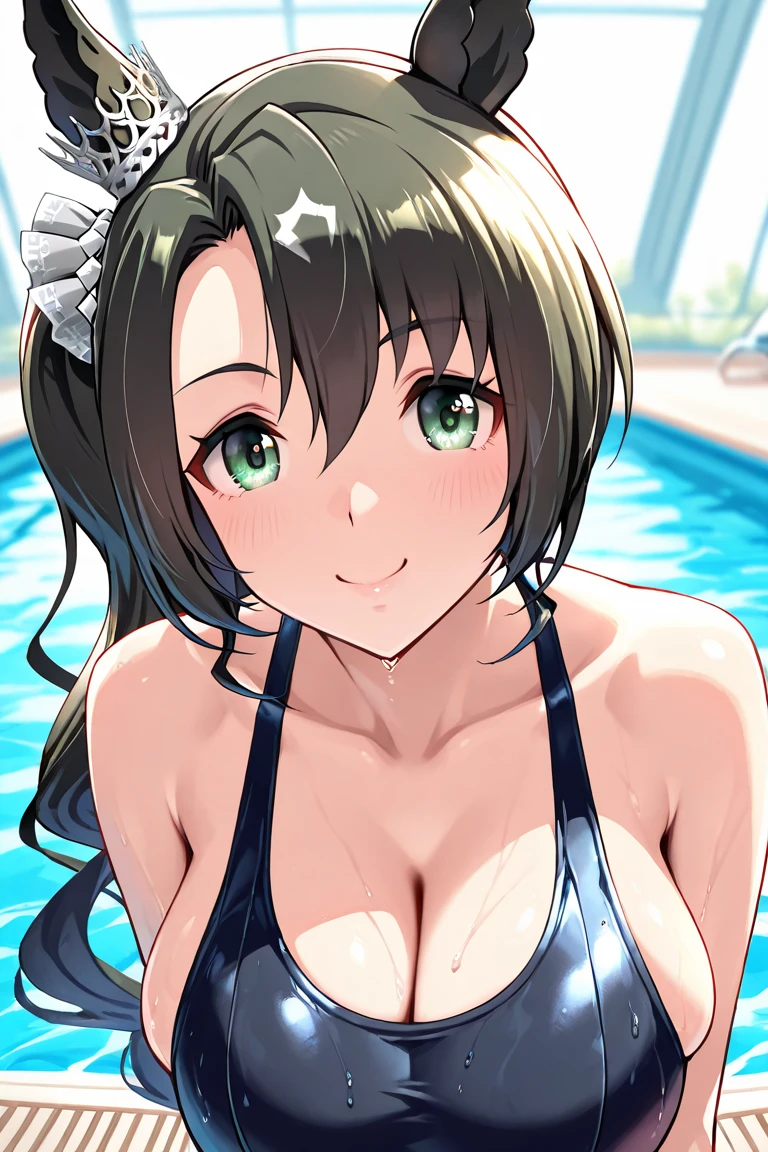 (((pixel-perfect, detail-perfect))), solo, 1girl, nozomi tojo, normal face, eyes green, hair violet, pool, bikini, large extreme filesize, ultra High Qality