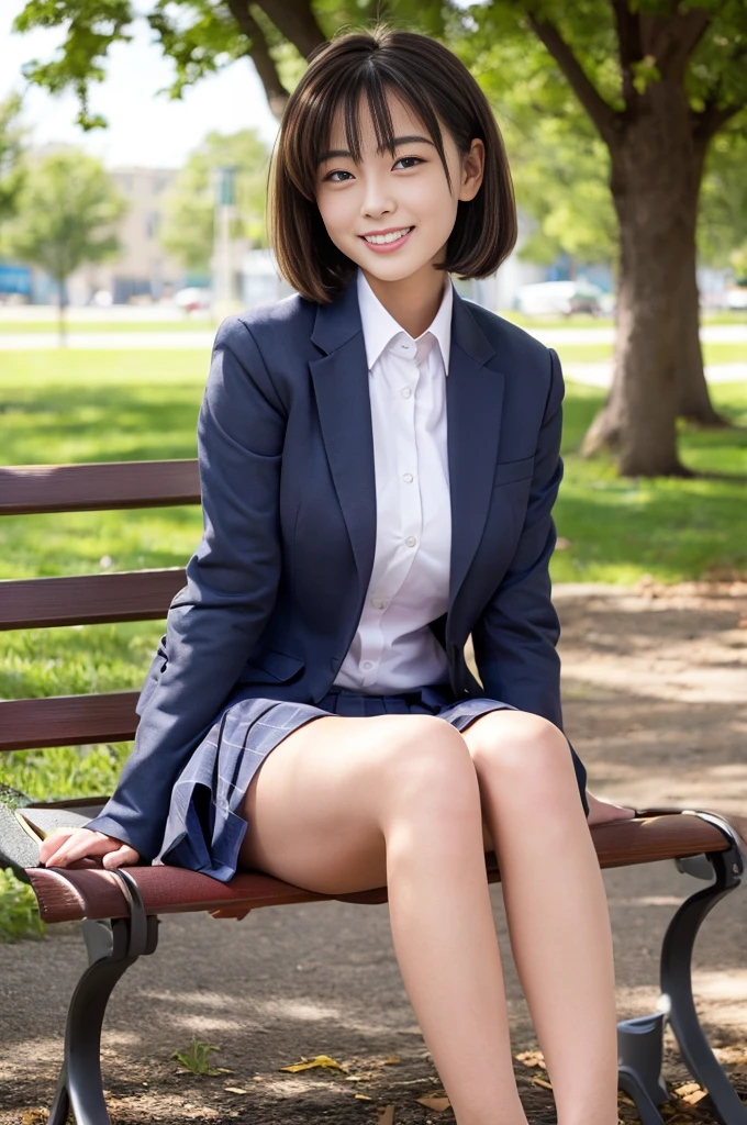 8K UHD, DSLR, Complete Anatomy, (Best Quality: 1.3), (Masterpiece: 1.1), High Resolution, Cinematic Light, Intricate Detail, (Photorealistic), Outside, Beautiful Outside, Sunny, Best Realistic, Japan Person, One Girl, 16 Years Old, Clavicle (B Cup), (Cafe: 1.5), Dimples, Bob Cut Hair, View Viewer, Detailed Tree, Ribbonsitting, blazer uniform, pencil skirt, headrest, slightly open legs, indoor, earrings, navy blue high socks, loafers, (smile), slender (full body: 1.6),
