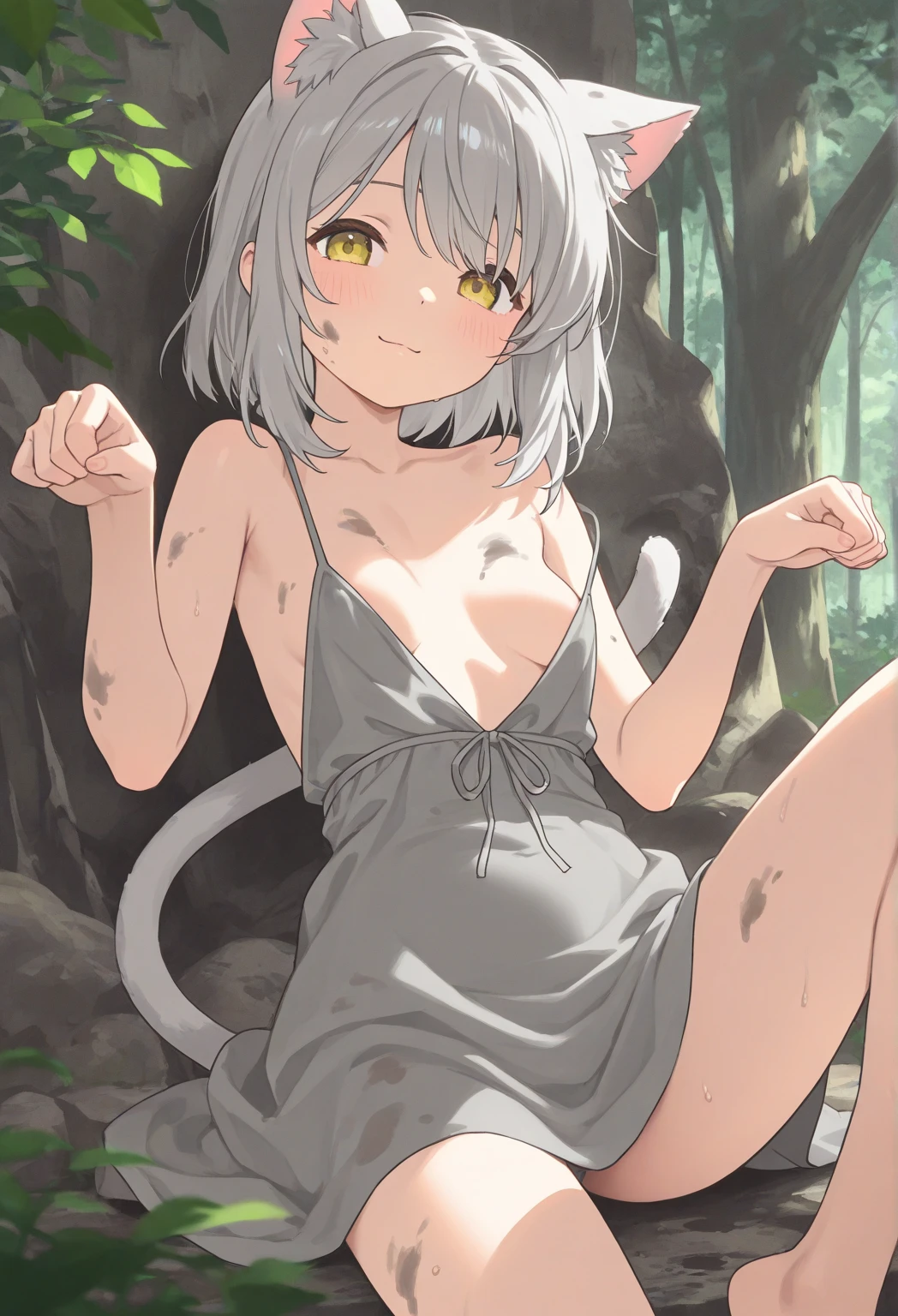 masterpiece, best quality, 1girl, purple eyes, official, dynamic angle,detailed and collorful sunny waterfall in a grass field on the background show full body, naked, show breasts nipples pussy feet, barefoot, bare naked, serious expression, cat ears, cat tail grey, fighting stance, holding a silver sword in one hand