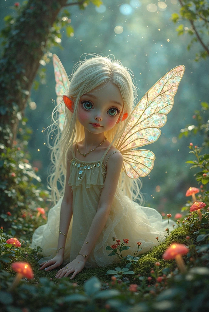 Gradient Eyes, the woods,Night Moon,Mini cute 3 year old flower fairy, Chubby toot,Skirt made of petals,Huge flowers,Colorful colorful,Transparent and colorful wings, magic wands,closeup cleavage,Optical attenuation,glow effect,depth of fields,Highlight,Real Light,Ray traching,OC rendering,Hyper-realistic,best qualtiy,8K,Works of masters,super-fine,Detailed pubic hair,Correct anatomy,sharp focus on eyes,Bokeh,Facial features are carefully drawn,in style of hayao miyazaki,Miyazaki Animation Style