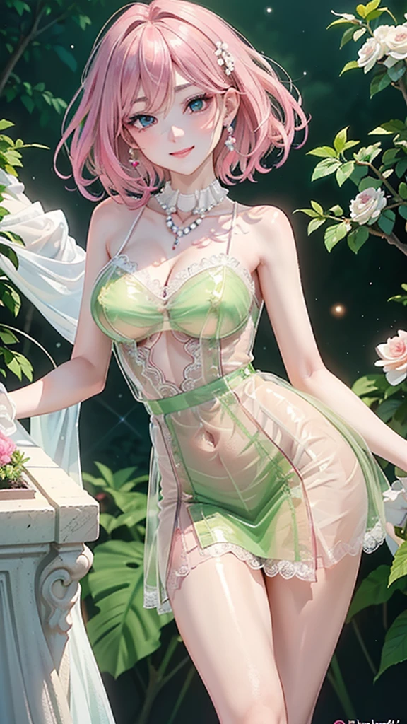  A girl stands with a sexy body in a transparent light green dress with a white jacket, with sensual features