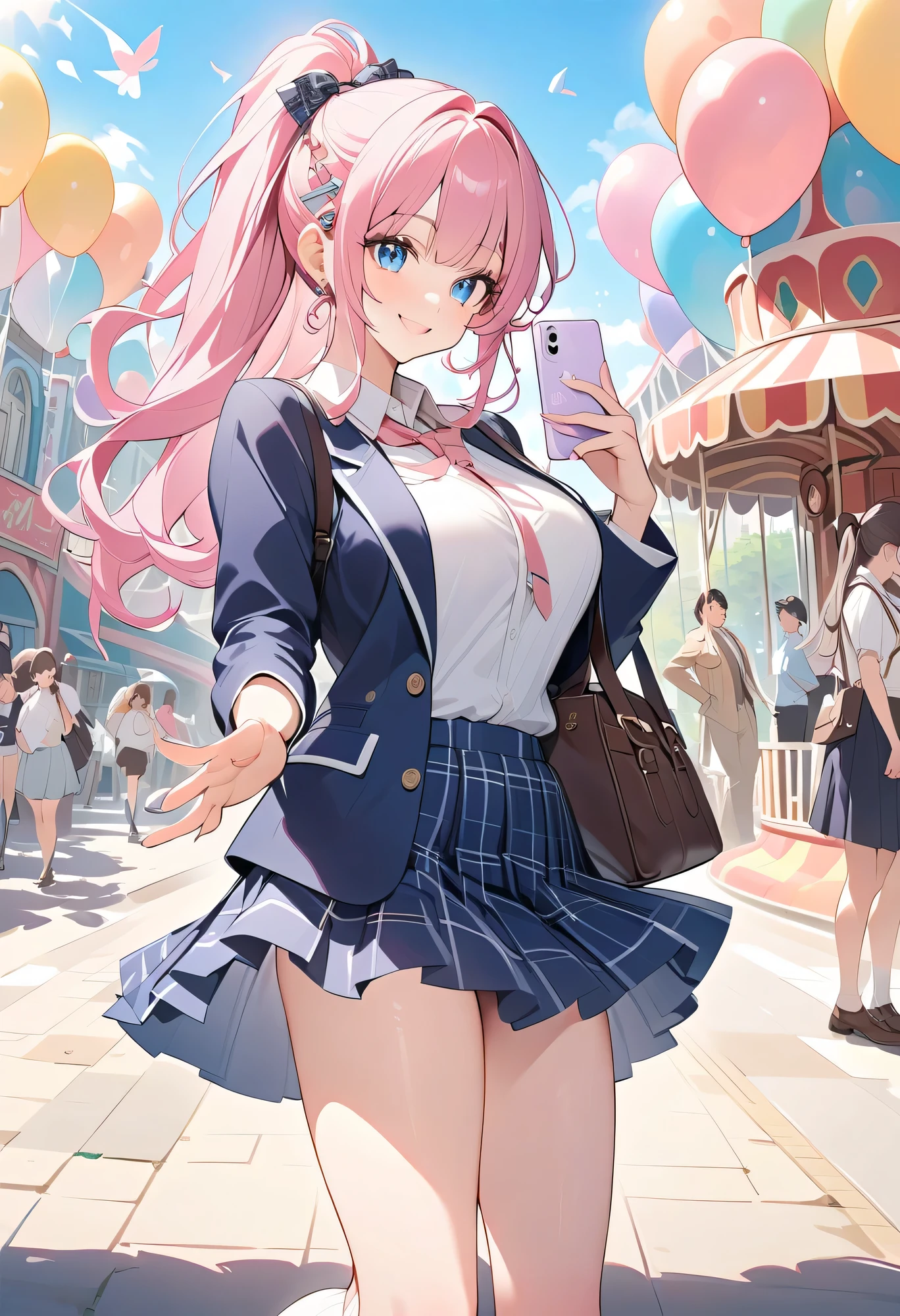 Highest Quality、high resolution、(high image quality:1.3)、masterpiece、detailed background、very detailed face、detailed eyes、age beauty、huge breasts、(Normal number of fingers:1.3)、anatomically correct、perfect body line、Bright-colored hair、ponytail、Braided bob cut、fun atmosphere、big smiles、The pop and colorful atmosphere unique to amusement parks and the freshness of uniforms、Under the clear blue sky、A group of high school friends having fun playing at an amusement park、in uniforms while smiling in front of roller coasters and merry-go-rounds、Hold up your smartphone and take a selfie、with a skirt and hair that flutters in the wind with the ferris wheel in the background、with colorful balloons and ice cream in their hands、capture moments full of smiles on camera while capturing moments full of smiles on camera、navy blazer、wearing a thin cardigan、casually with a white shirt and a cute tie with pink and blue ribbons、pleated skirt with check patterns such as Evie x white or gray x blue、white high socks and loafers、matching hairpins with your friends、 scrunchies、smartphone case、Attach a character keychain to a school bag or tote bag、cute
