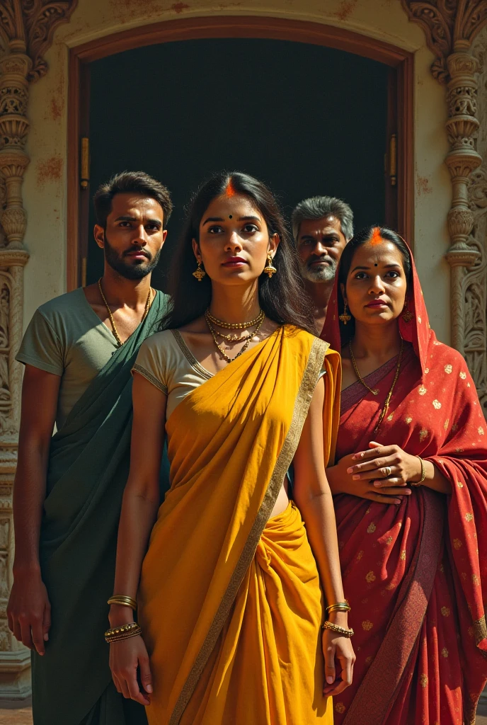 I want to create a picture of a housewife who very sexy in saree with her husband Raju, whose physical features are mentioned below, he is shorter than his wife and their two children named Pratham and Sanket who are adopted and very handsome. I want this picture to look very sexy and hot, the setup should be of village and they are not rich so keep it desi.
1. Background and Family:
- Saroj is a 30-year-old young married woman living in Ballarpur, a town near Chandrapur, India, specifically in Saibaba ward.
- She has two adopted sons, Pratham and Sanket, who are protective of her.
- Her husband, Raju, is responsible and caring, though she desires a physically stronger partner but Raju is same height as Saroj and Raju is not strong, he is slim..
2. Physical Appearance:
- Saroj is 5'7" tall, very beautiful, with a curvy, plump body typical of Indian beauty her body resonates with the body of Kylie Jenner, though she is curvy in plump and chubby way.
- She often wears sarees draped below her navel and perfectly around her waist and wears a different style of belly/waist chain around her waist.
- She has her belly navel pierced to look nice in sarees.
- She has long black hair, with her eye color being between brown and black.
- She has a beauty spot on her chin, which adds to her charm.
- Her figure is described as voluptuous, and she maintains it through working out and belly dancing.
3. Personality and Interests:
- Saroj is innocent but enjoys flirting when she receives attention, especially from men in her neighborhood who admire her saree style.
- She likes makeup, belly dancing, singing (with a beautiful voice), and elegant things.
- Saroj is innocent, beautiful, down-to-earth, optimistic, loving, romantic, and has a wild side.
- She has a rational thought process, eloquence, and is confident with her body.
- She is interested and attracted to mostly Muslim strong tall men.
- Her closest confidan