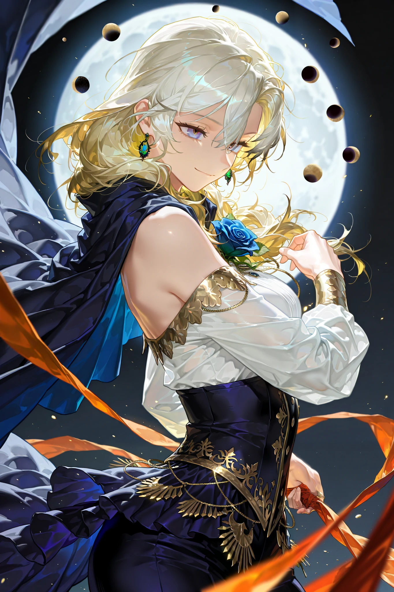 by [arknights|(748cmstyle:0.5)], mature, young adult, masterpiece, best quality, amazing quality, very aesthetic, high resolution, ultra-detailed, absurdres,
1girl, woman, solo, alone,(side eye, dynamic pose, upper body focus,from side, cowboy shot:1.2), dramatic pose, moon phases, purple blue gradient eyes, multicolor eyes, blonde hair, white hair, accent color gold, accent color orange, fantasy attire, flowing fabric, white clothes with gold trim and green accents, soft expression, soft smirk, moon shaped rose flower, short shoulder cape, french royalty, wardressing, warclothes, warrior,
BREAK, depth of field, volumetric lighting
 