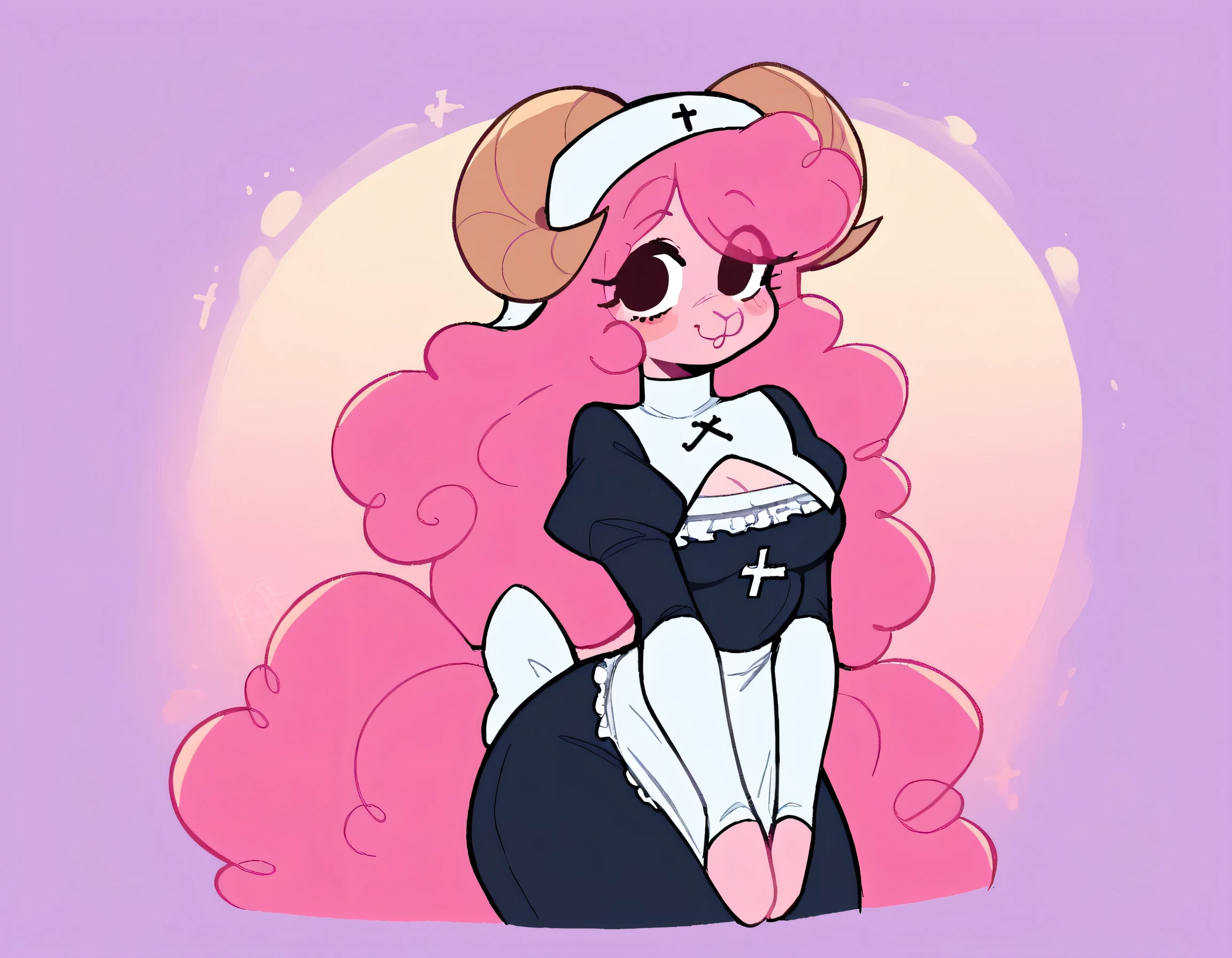 better quality, very detailed illustration , solo, ( Anthropomorphic furry sheep:1,7), ruffled voluminous bouncy hair , playful look, delgado, ideal body, thin waist , wide hips, simple drawing, Artifyber style , pastel flat colors , beautiful, cartoon ,solo, short curly pink hair, nun outfit, fluffy tail, ram horns, seductive pose