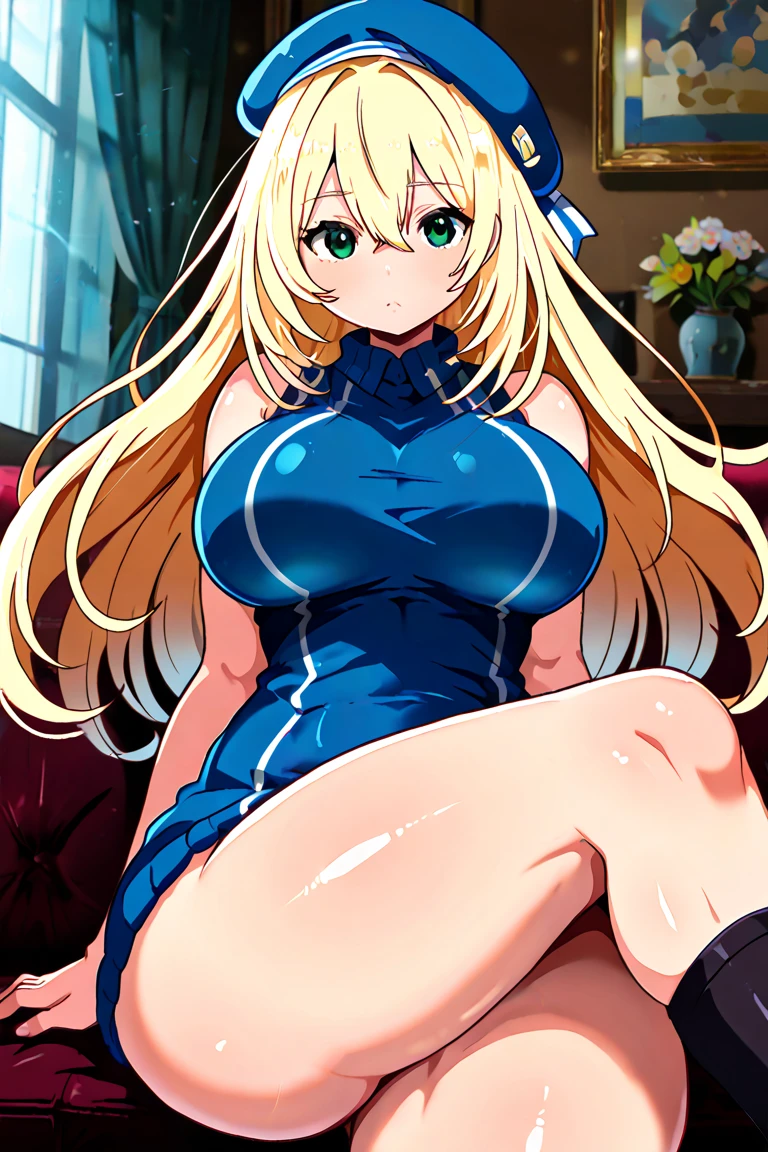 Anime-style illustrations、1 Girl、Blonde、Twin tails, hair ornaments、Squat、Sister, smile、Thighs、Very big