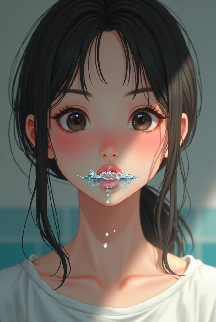 (Screaming, fear, Crying: 1.4), (Very wide open mouth), (Heavy tears, Tears), (Looking up), (Staring overhead), Wet eye makeup, Perfect face, (Ultra-detailed eyes, Nose mouth), (beg forgiveness), (( large amount of white translucent sticky liquid is splashed, the skin is wet)), drooling copiously,