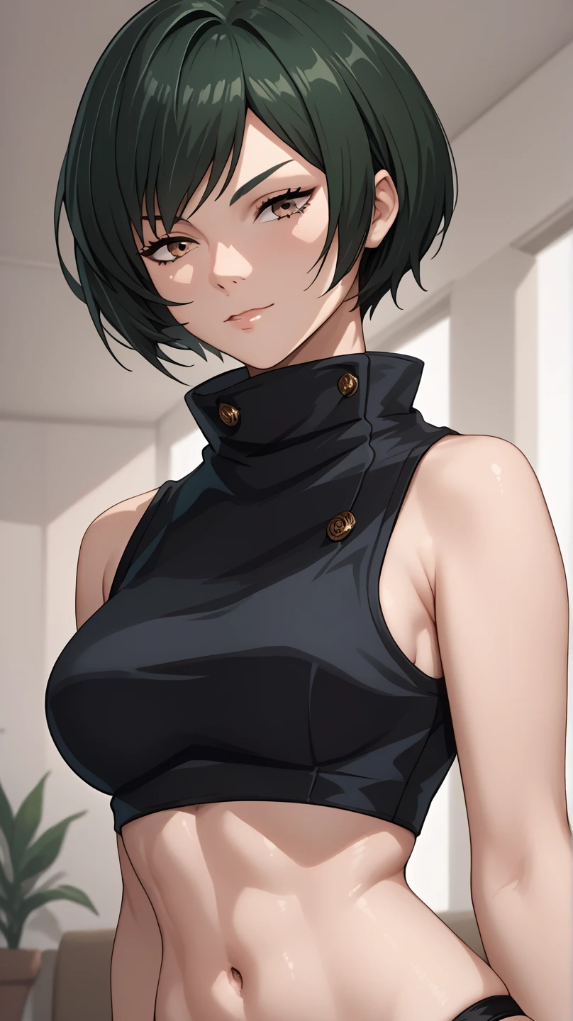 Maki Zenin, bra, evil smile, big chest, big ass, dark green hair