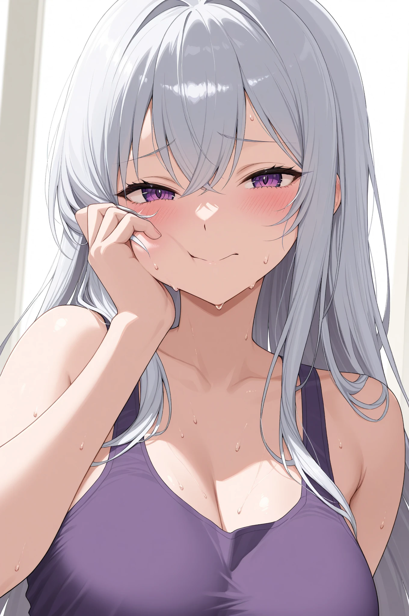 1girl, violet eyes, black silver gradient hair, long hair, decent large breast, evil smile, white tank top, black gym short, living room, sitting on sofa, looking at the viewer, masterpiece, best quality, very aesthetic, absurdres, newest, intricate details, intricate, (SuperQuality:1.0) ~ (SuperQuality:1.2)