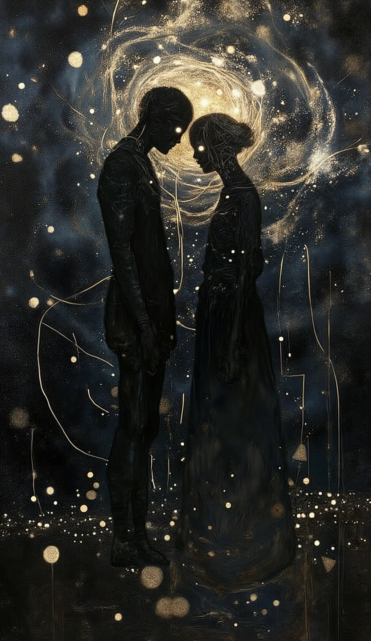 A hauntingly beautiful, dark-themed painting of two shadowy figures standing in an endless void, their bodies barely distinguishable from the surrounding darkness. They are connected by faint, glowing silver threads that stretch and fray as if time itself is unraveling their bond. The background is a swirling abyss of deep black and dark blue mist, with subtle hints of lost memories flickering like dying embers. Their faces are obscured, yet their hollow eyes glow faintly, reflecting the weight of love, loss, and existence itself. The atmosphere is eerie, melancholic, yet deeply philosophical, evoking a sense of longing in a world where light is slowly being consumed by the void.