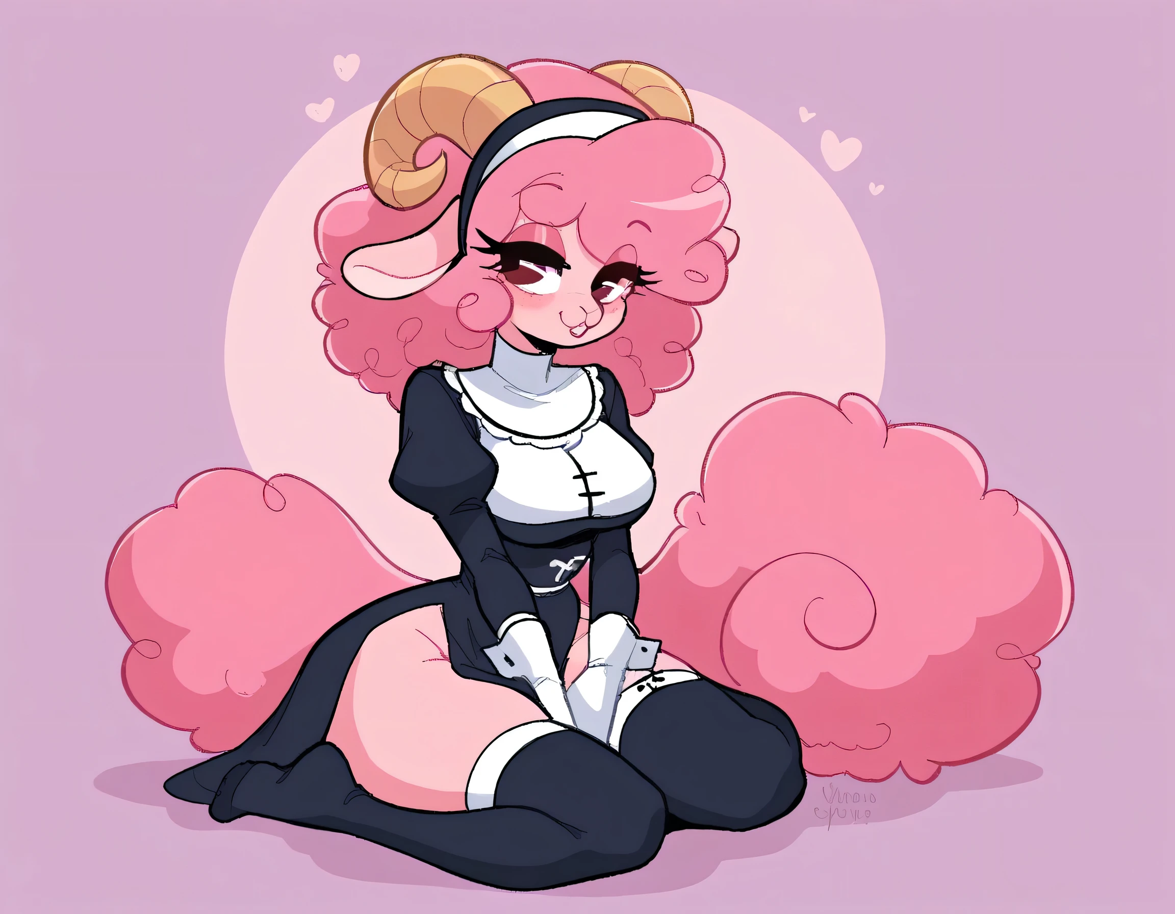 better quality, very detailed illustration , solo, ( Anthropomorphic furry sheep:1,7), ruffled voluminous bouncy hair , playful look, delgado, ideal body, thin waist , wide hips, simple drawing, Artifyber style , pastel flat colors , beautiful, cartoon ,solo, short curly pink hair, nun outfit, fluffy tail, ram horns, seductive pose