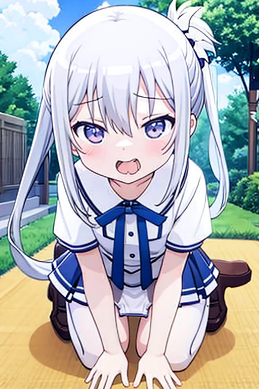 1girl, nsfw, hentai reverse suspended congress(sex position), (Expressive eyes), (Perfect Face), ((cute)), Drooping eyes, ((Baby Face)), ((((female child)))), ((())), ((Flat Chest)), White skin, gleaming skin, blue eyes, ((((rape face)))), twin braids, silver hair, Naked, collar, (((Sweat))), ((drooling), (vaginal penis), (intercourse with a man), sex from behind, (1guy), detail perfect piece, ultra detailed, garden, night, In the shade, 16k, (Best quality)