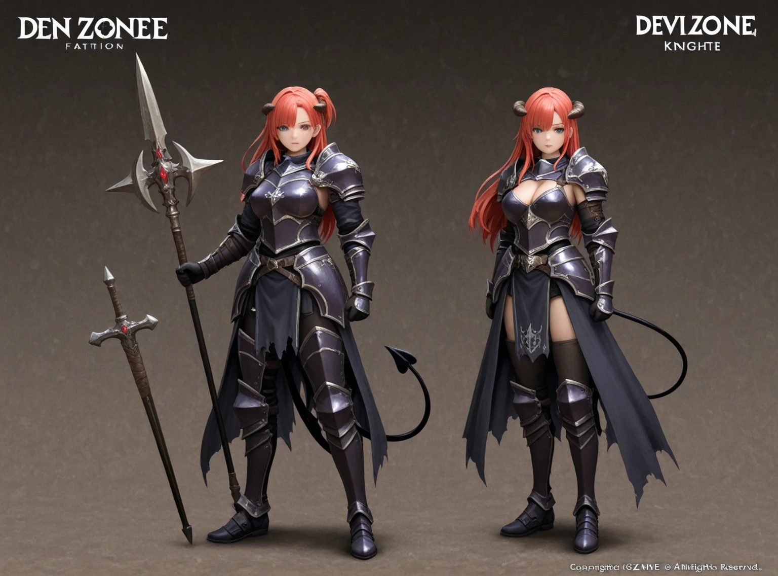 (Masterpiece, best quality), detailed, character sheet, many items (the same person, medieval royal armor, demonic heavy armor, fullplate armor, many parts), athletic, busty, demon, demon girl, detailed beautiful purple eyes, detailed face, pointy ears, red hair and white skin, braided ponytail, demon horns, full of details.