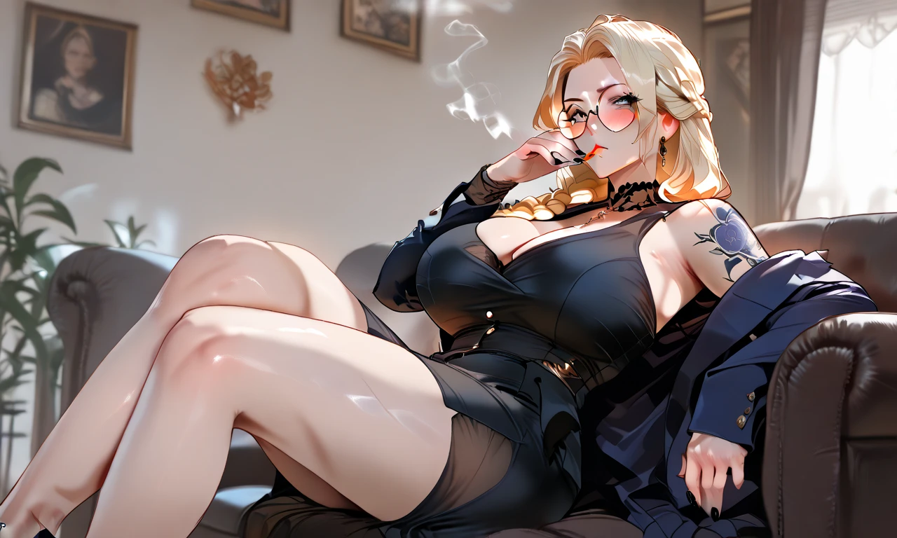 embedding:AS-MidAged, Bust, Torso, thin figure, 1 woman (reclining across sofa) 60yo woman, hyper detailed hair, curled sand blonde hair, big hairstyle, floral silk robe, jewelry, skinny, freckles, reading glasses,