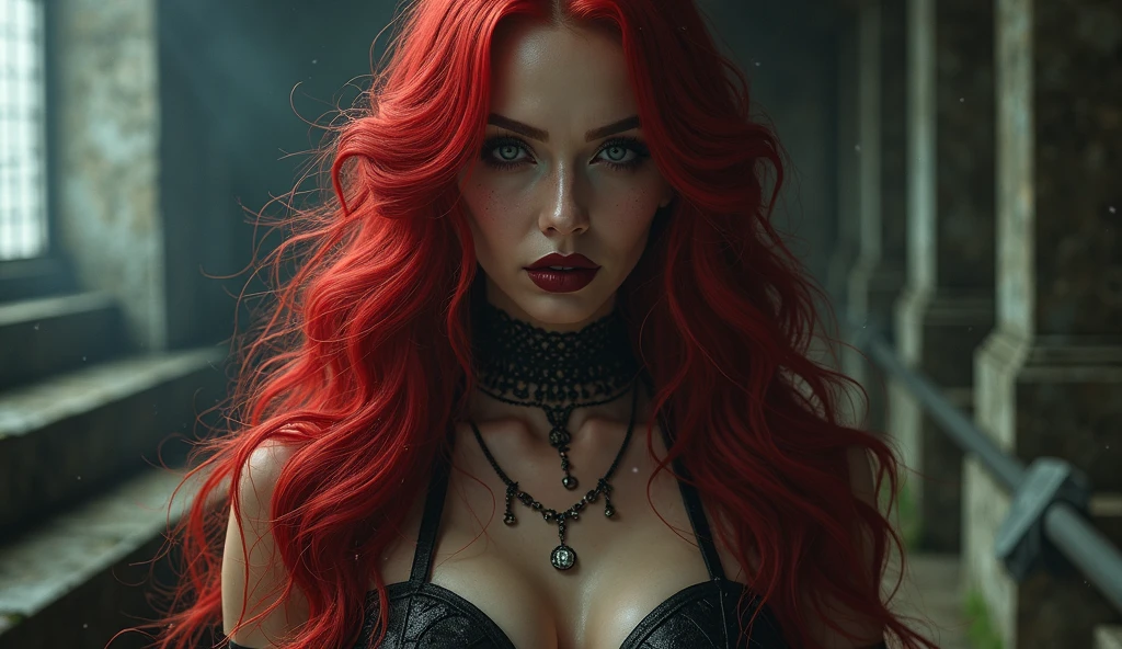 An extra wide angle on a big full room 16:9,(masterpiece Quality),insanely detailed interior design of a vampire lair in dark gothic medieval style),(royal canopy bed, four-poster bed, black-matte velvet drapes 16k,(An ultra hot),(1 female age 18),(random poses),(an evil vampire style),realistic,ultra-thick,long bright,vibrant colours,bloodred :0.9,golden shimmer :0.1 hair),(Large,high contrast,green:0.9, bright yellow:0.1),extra big eyes,extra long,thick,dark eyelashes),(blood red,plump lips),(beautiful eyes),(detailed hands,realistic long monsters claws on 5 fingers each hand:2.0)best quality body,wide hips,Big breasts,big ass,(glowing skin:1.2),(2 perfect legs:1.1),(attractive expression,alluring:1.3),(Look at me),(best quality,16k,highres,(Onepiece of stained glass window to the right,vibrant red and green,colors,detailed intricate patterns,architectural element,dark and mysterious atmosphere,stained glass,fine artistic details,vivid colors concept and flickering candlelight),(rich deep black color tones,stunning play of light and shadow:2.0),(all in wide room spectrum:2.0).#The entire setup is masterpiece 1:3 framed with the grandeur of royal,medieval gothic style, focus on entire room 16k#