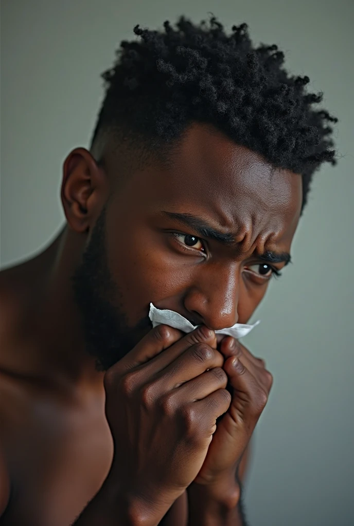 A Melanesian man with short afro hair and dark brown skin,dressed simply in jeans and a tshirt, is visibly sick and coughs into a tissue. His expression shows discomfort and fatigue.