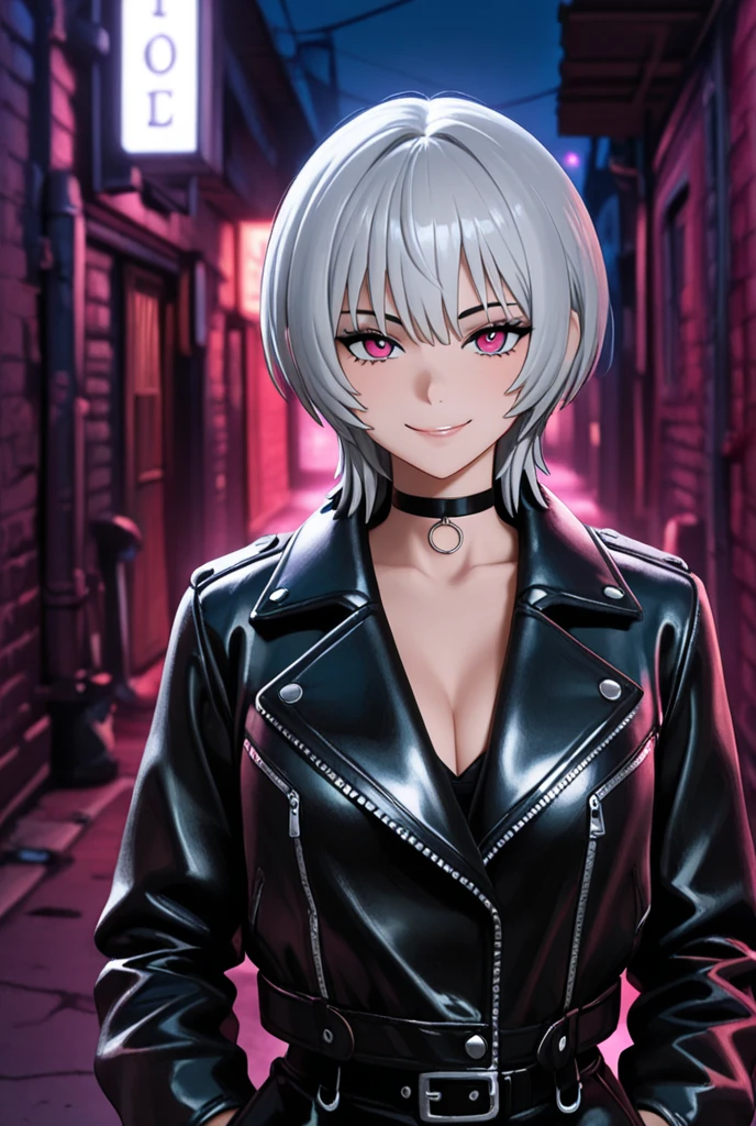 The anime character with gray hair,Eyes red,wears a black leather jacket with spikes,summons black fire in their hand