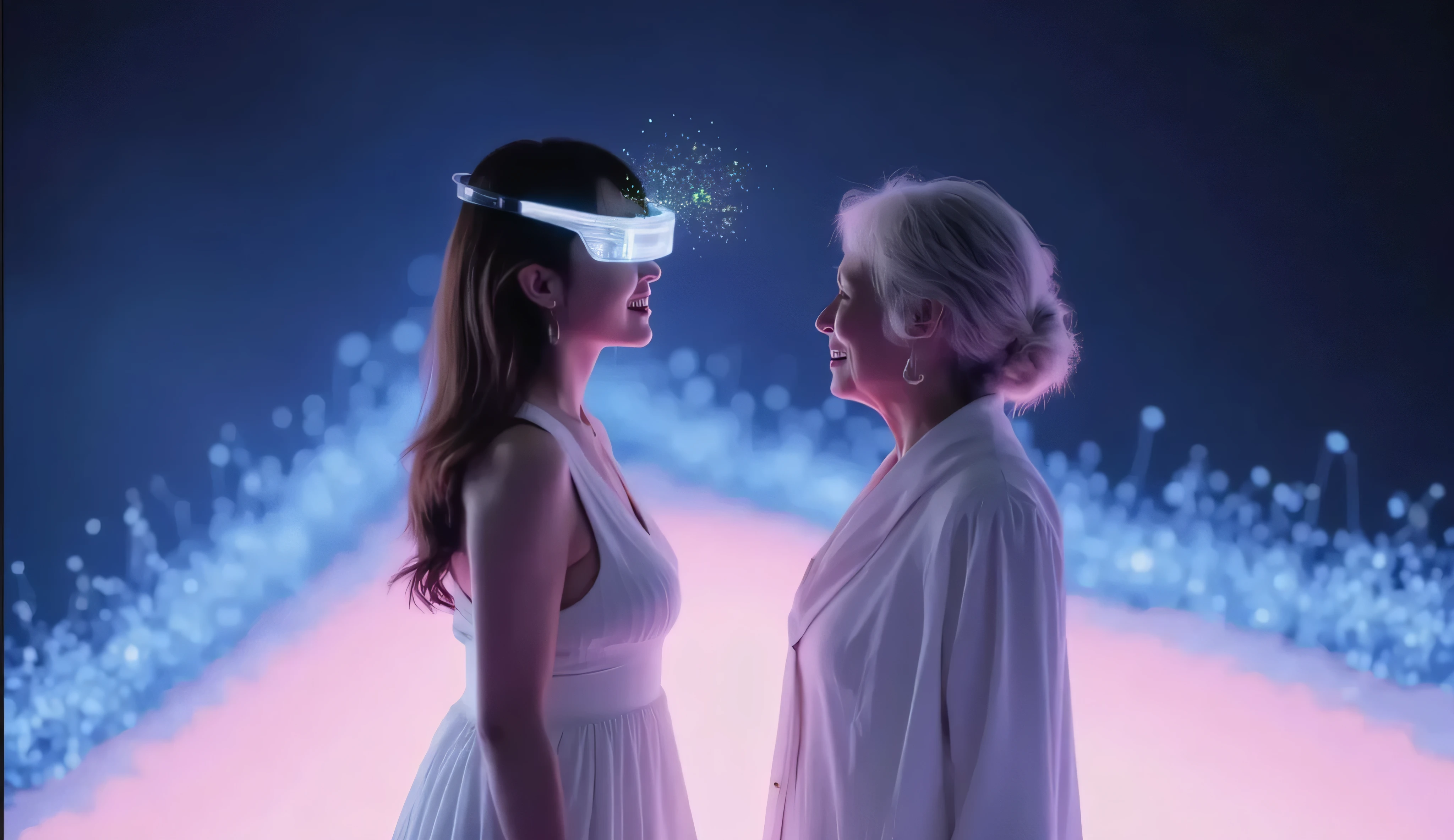 In an imaginary Metaverse world, a young woman in a flowing white dress stands face-to-face with her elderly grandmother.
The young woman is wearing futuristic smart glasses that display floating digital data in front of her eyes.
The woman smiles at her grandmother, and they share a peaceful, emotional moment in this tranquil digital world, srounded by
Background a glowing trail of blue and pink light.