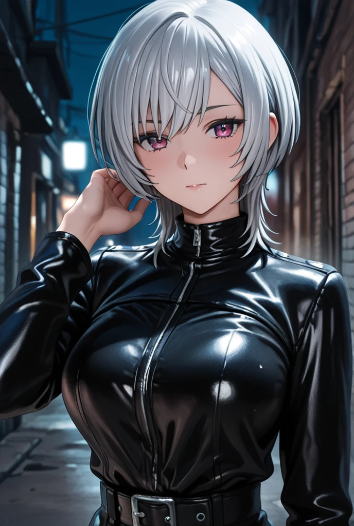 girl, white short hair, black outfit, wavy bob hair, black trench coat, black blouse, smoking cigarette, sharp eyes, large breasts, beautiful white eye, outside, full body, at night, from above, looking away