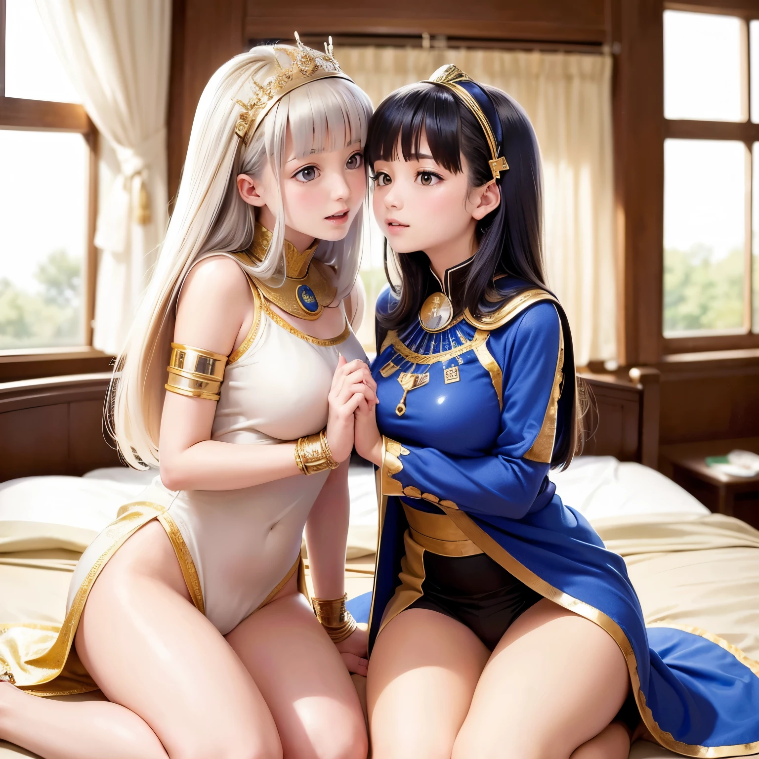 2 girls, realistic, dakimakura, Soraka, Dark Magician Girl, cosplay in bed, high heel boots, together, Best quality, masterpiece