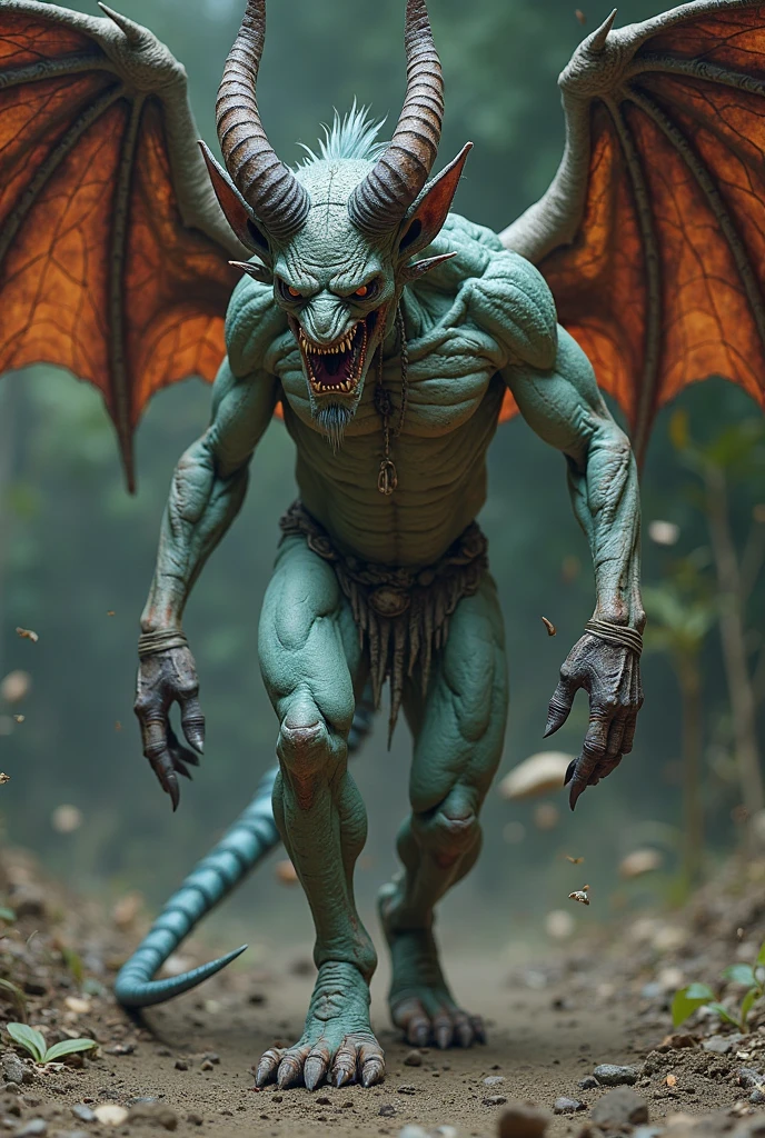 (ultra detailed)、Goofy-esque monster、Evil Face、Red glowing eyes、(Tattoo:1.5)、horn、wing、Muscular body