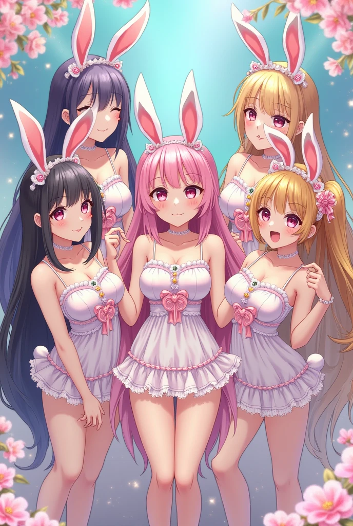 1girl,Sexy pretty girl, blonde hair, pastel red eyes,curly hair,dog ear, heart,ribbon,sexy bunny girl Fishnet tights, steam,smile、pink background,