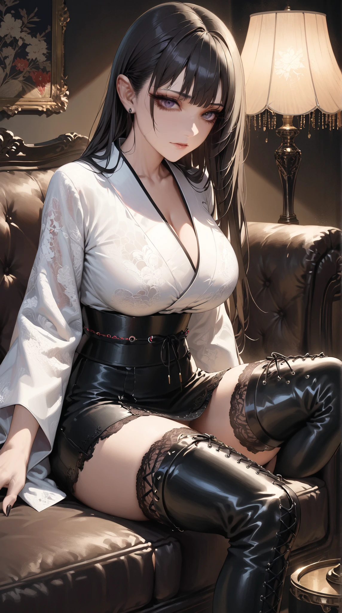 score_9, score_8_up, score_7_up, score_6_up, uncensored, Yor Briar, black hair, earrings, white hairband, hairband, long hair, sidelocks, red eyes, naughty face, shiny skin, sweating, steaming body, heavy breathing, BREAK (masterpiece:1.2), best quality, high resolution,(detailed eyes:1.3), perfect lighting,(perfect hands, perfect anatomy), large breasts, race queen, cropped jacket, huge breast,highleg bikini, micro shorts, thigh boots, peaked cap, sitting, crossed legs, armchair, nsfw, illustration, vibrant colors, warm tone, dramatic lighting, ethereal atmosphere, flowing robes, dramatic lighting, intense expression, mystical symbol, intense gaze, elegant pose, magical aura, enchanting beauty, mystical setting, enchanting artwork, intricate details. sweating,