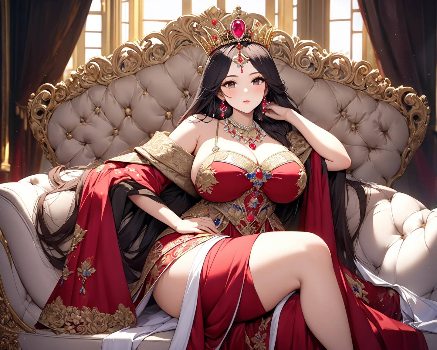 a woman with exaggerated large breasts, confident sitting on a throne, wearing a gorgeous red dress, a large ornate crown on her head, looking down at the viewer, detailed facial features, hyper-realistic, 8k, ultra-detailed, photorealistic, masterpiece, dramatic lighting, cinematic, oil painting、She is a Japanese woman、She is protected by the knights.